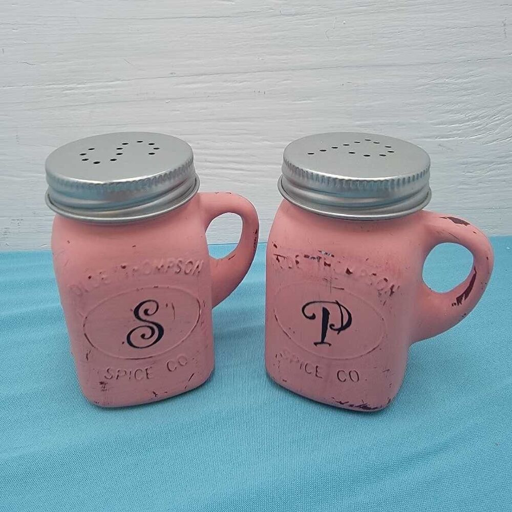 Pink Coral Mason Jar Salt Pepper Shakers Set Handle Farmhouse Kitchen Decor